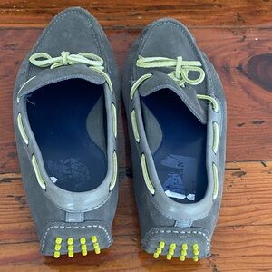 Gray Suede Driving Loafers with Yellow Accents